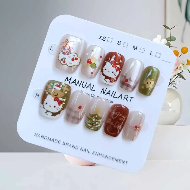 10 Stuks Leuke Cartoon Hello Kitty Nieuwjaar Kerst Druk op Nagels Apple en Kerstboom Vlokken Nail Patch Afneembare nagel Tips
