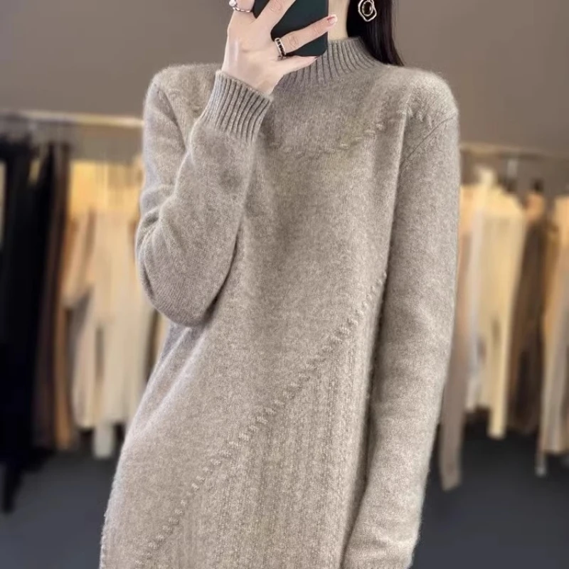 2026 New Autumn Winter Mid Length Women's Sweater Half High Neck Loose Slim Thick Warm Sweater Dress Long Sleeve Bottoming Skirt