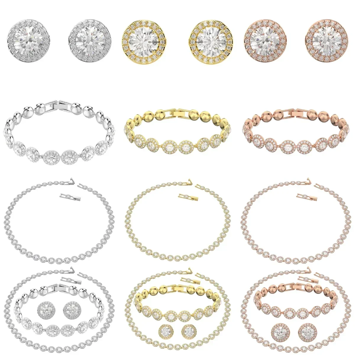 Conjunto de Joyería Clásico Happiness Diamond, Aretes, Pulsera y Collar con Cristales Redondos, Serie Una Angelic, para Mujer