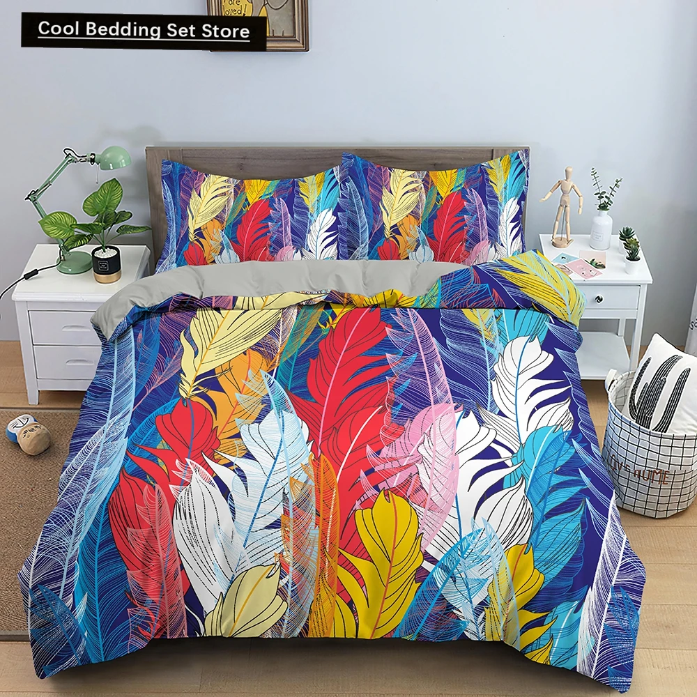 

Feathers Duvet Cover Queen/King Size Boho Colorful Bird Feather Bedding Set Tropical Leaves 2/3pcs Polyester Comforter Cover