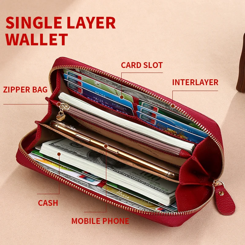 GERUOLA Anti-Theft RFID Blocking Long Sleeve Wallet with Zipper Closure, Red Genuine Leather Money Clip with Zipper Pocket, Dura