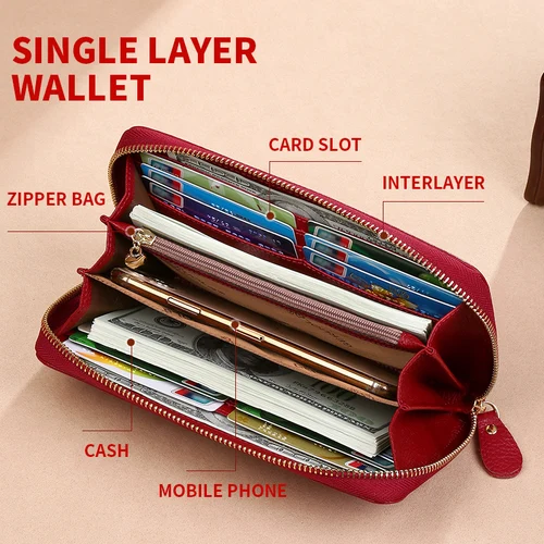 Imagen 2 del producto GERUOLA Cartera de manga larga con bloqueo RFID antirrobo con cierre de cremallera, clip para billetes de cuero genuino rojo con bolsillo con cremallera, Dura