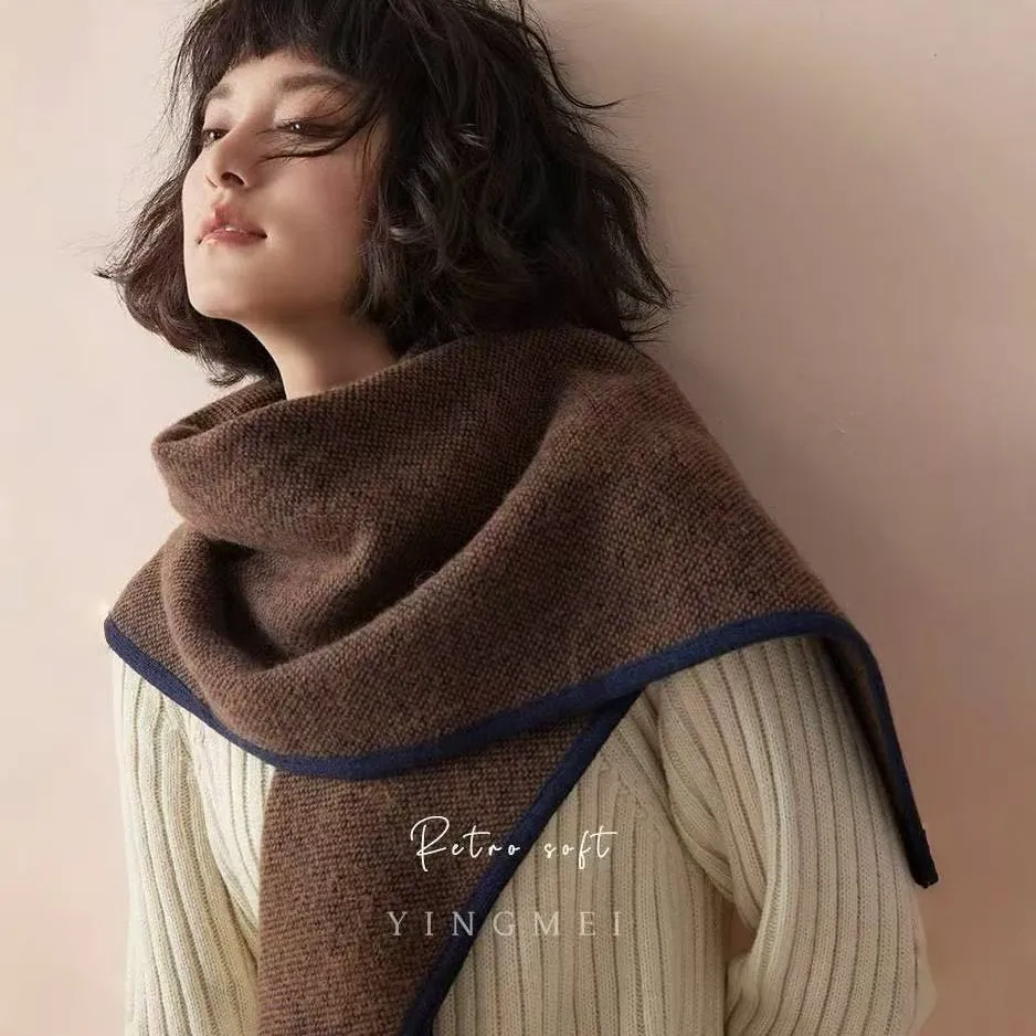 

Women Winter 100% Wool Triangle Scarf British Style Handmade Hemming Solid Color Shawl Scarf Dual-purpose Versatile Warm Scarf