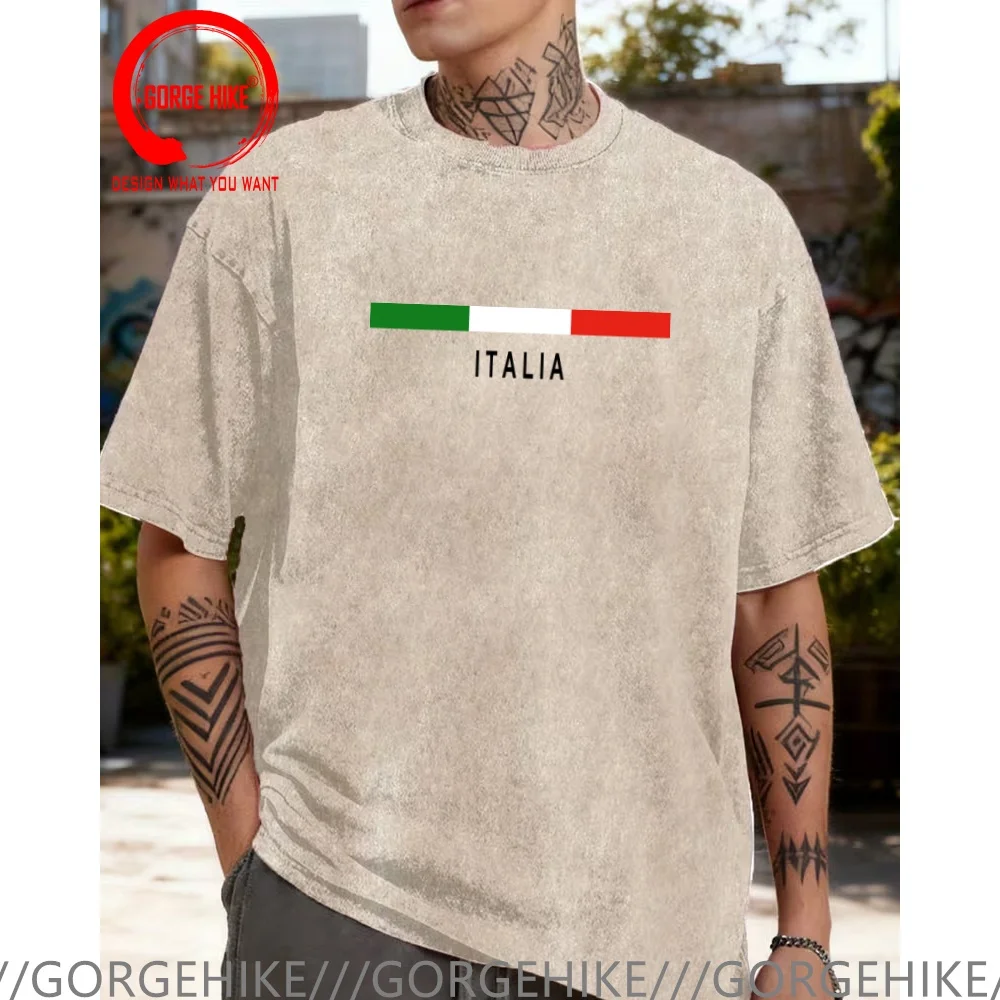 Vintage Washed Cotton T-Shirt Funny Designer Italy Flag Italia Italian  T Shirt Men Fashion Trendy Casual Clothing Stylish Tops