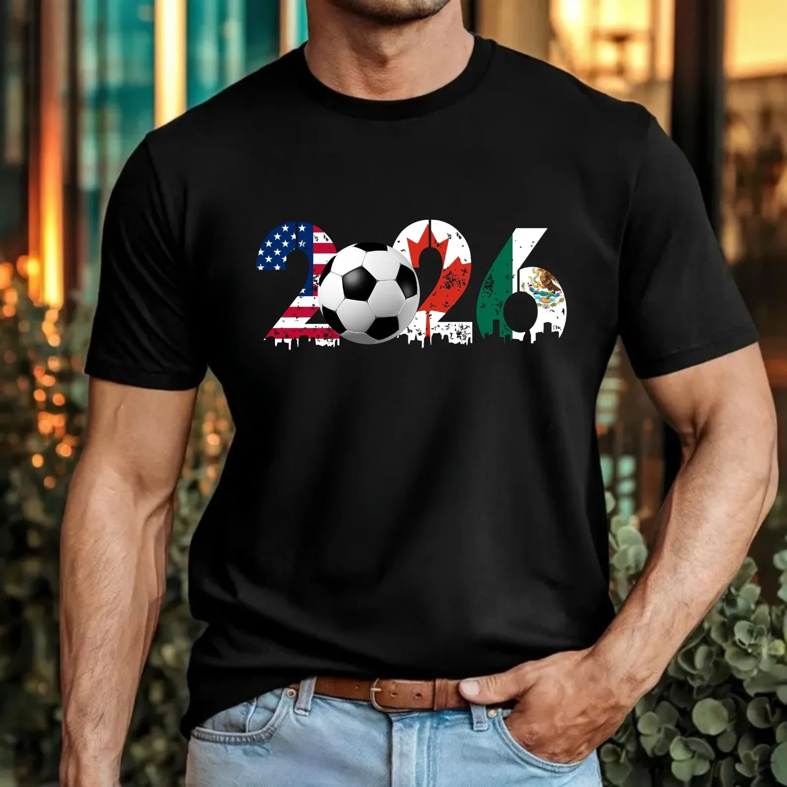 2026 USA Canada Mexico Soccer T‑Shirt Men North America Host Country Flag Skyline Vintage Football Fan Oversized Casual Tee Gift