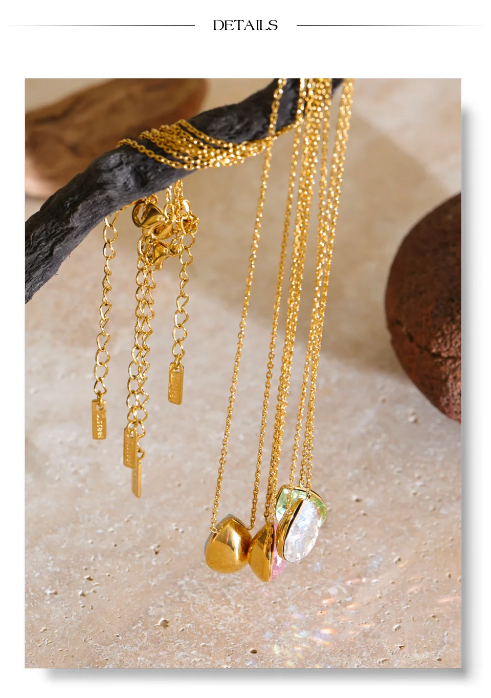 Yhpup Mehrfarbiger Edelstahl-Wassertropfen-K9-Kristall-Halskettenanhänger 16K Goldfarben PVD-beschichtet Neuheiten Exquisiter Schmuck – Detail 8