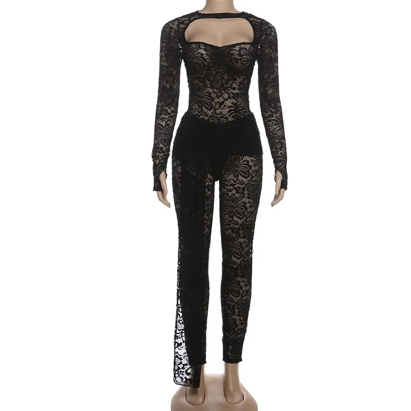 المرأة مثير انظر من خلال الدانتيل 2 قطعة مجموعة الجوف خارج كم طويل عارية الذراعين داخلية القمم + Ruched الشريط السراويل الضيقة كلوبوير البدلة #3