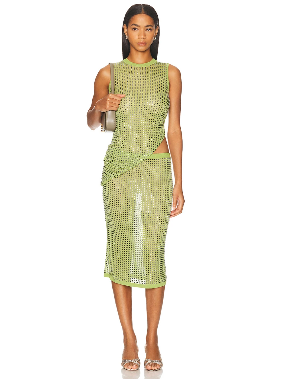 

2025 New Spicy Girl Sexy Party Party Fluorescent Green Mesh Rhinestone Top+Half Skirt Green Two-Piece Set