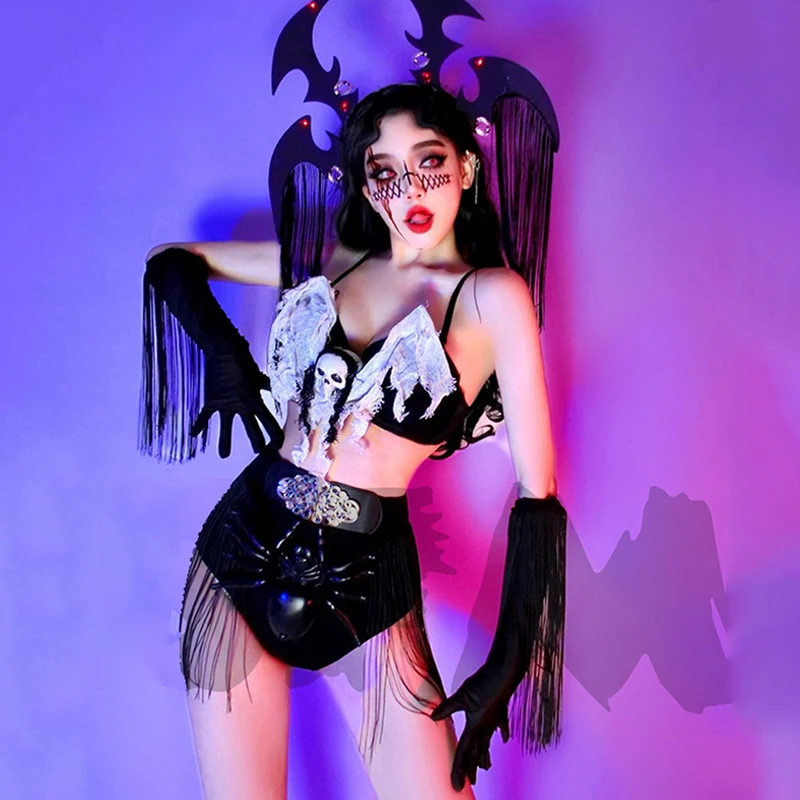 Gogo Dance Costume Women Sexy Black White Bikini Nightclub Dancewear Festival Party Rave Suit Halloween Look Drag Clothes 4549