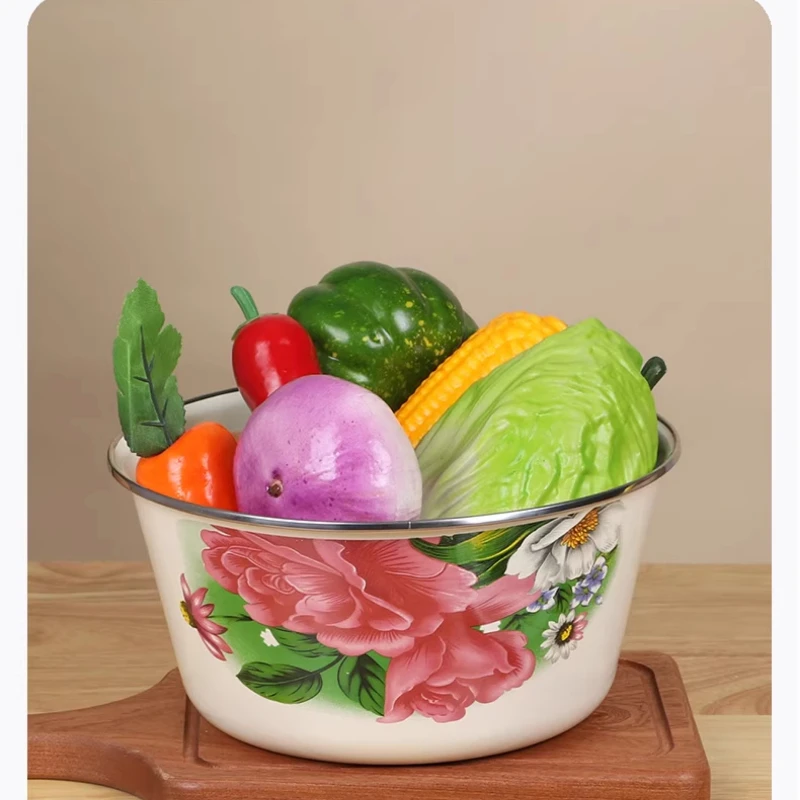 Bowls Thickened Old-fashioned Enamel Lard Basin with Lid Kitchen Wash Basin Food Lard Tank with Lid Extra Thick Enamel Soup Bowl