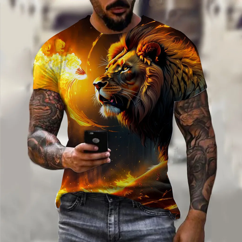 

men's summer clothing with 3D printed lion graphic t shirts round neck short sleeved tees new in tops funny T shirts for men