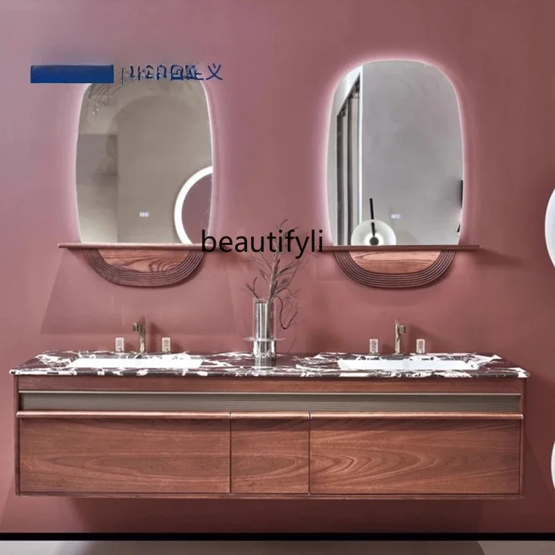 

Natural Luxury Stone Bathroom Cabinet Set Aesthetic Bathroom Rock Slab Seamless Basin Oak Bathroom Cabinet