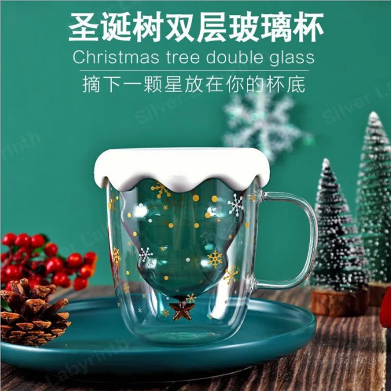 Christmas wishing cup ins cartoon double cup cute gift water cup with lid household double glass