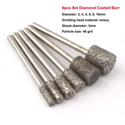 6pcs Diamond Coated Burr Set Grinding Engraving Bit 3mm Shank Cylindrical Rotary File for Stone Carving,DIY,Polishing