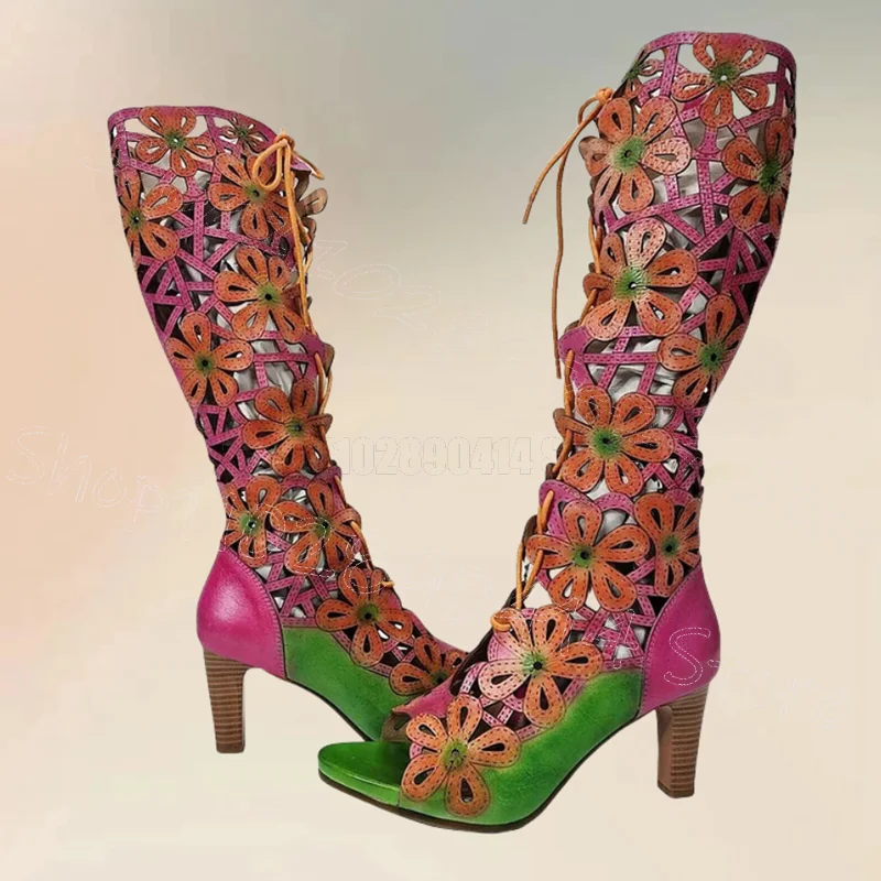 

Colorful Hollow Flower Design Sandals Boots Side Zipper Women Shoes Chunky High Heels Open Toe Banquet 2025 Zapatos Para Mujere