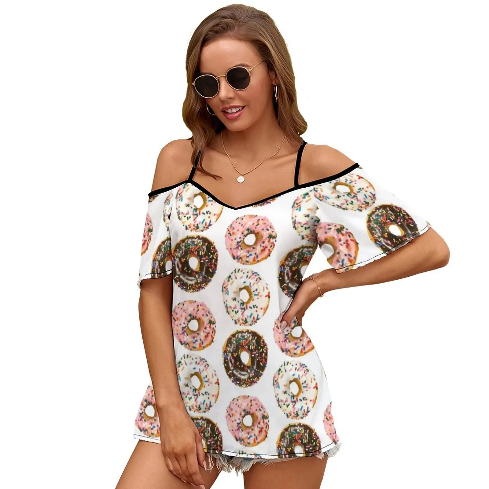 Triple Donut Stack Print O-Neck Off-The-Shoulder Top Short-Sleeved T-Shirt Ladies Streetwear Triple Donut Stack Sprinkles