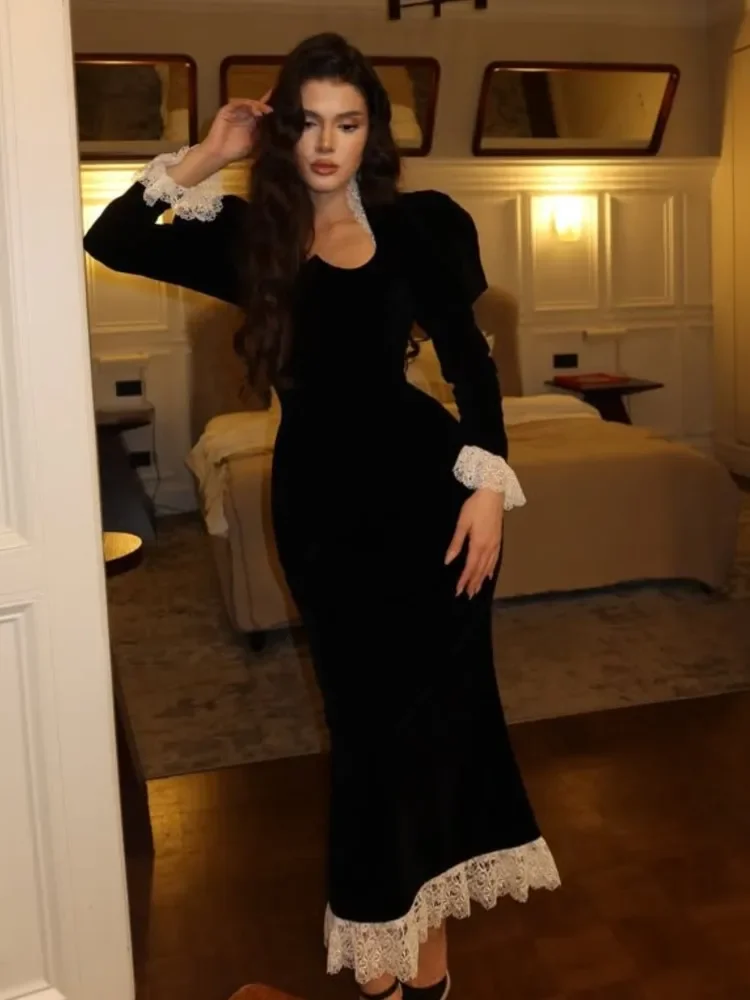 

Кружевное лоскутное бархатное платье с квадратным воротником и цветочным принтом на талии, облегающее элегантное длинное платье с запахом на бедрах, рыбий хвост, вечернее платье, халаты