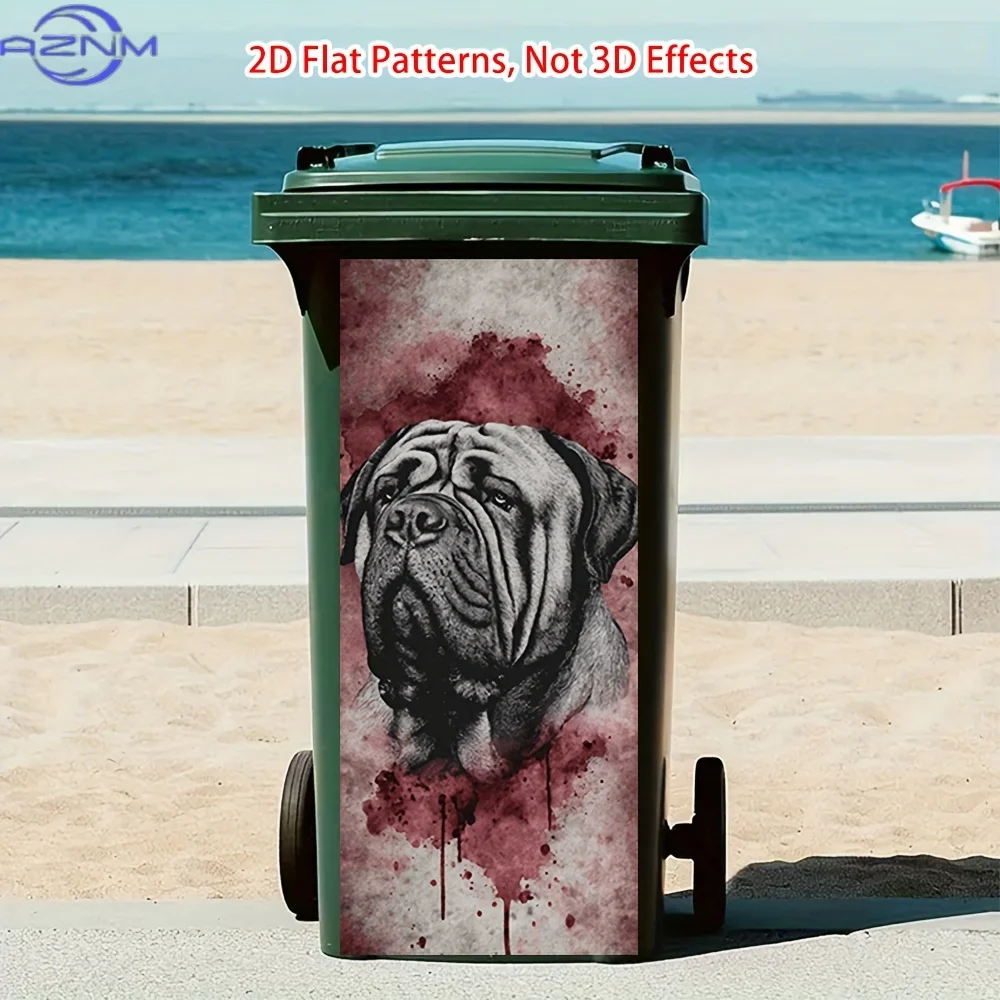 Mastiff with Red Splashes Print Self-Adhesive Trash Can Sticker, Garden, Kitchen & Wall Decoration, Sunny Outdoor Garbage Bin