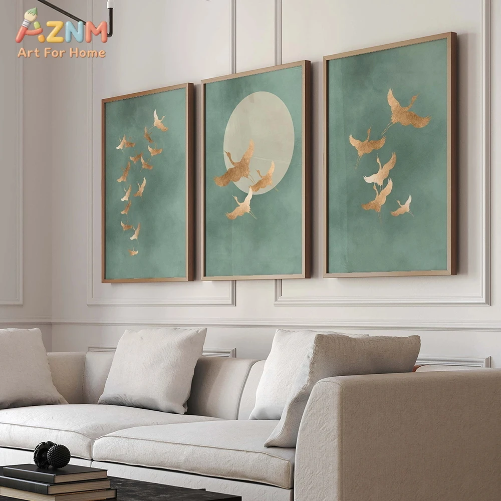 3PCS Sage Green and Gold Crane Canvas Prints Set Japanese Style Sun Moon Abstract Wall Art Posters for Living Room Bedroom Minim