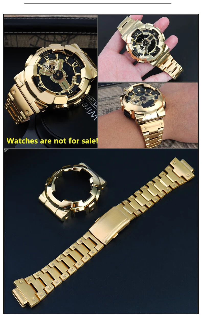 For Casio GA-110 GA-120 GA-100 Solid Stainless Steel Case Men's Waterproof Watchband Bezel GA110 Metal Strap +Case Mod Kit +Tool