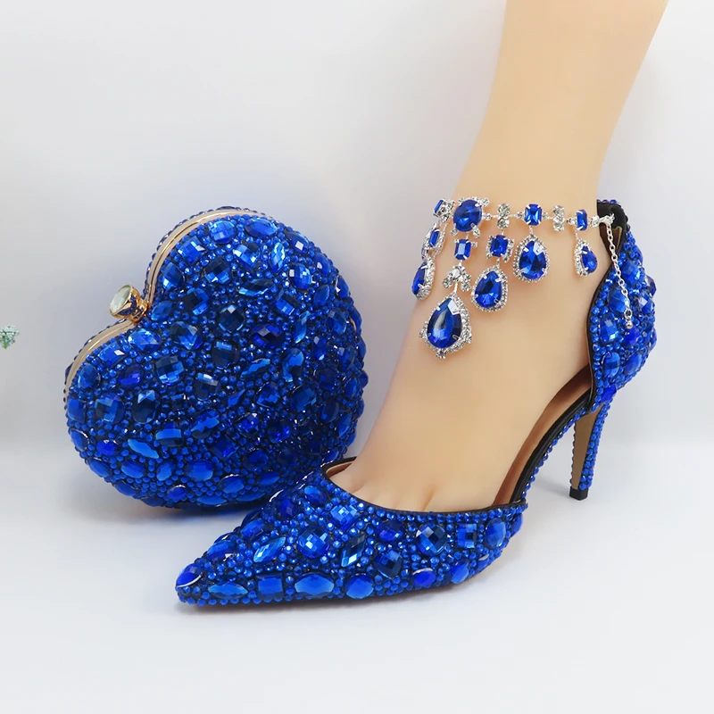 

Love Moments New Royal Blue Rhinestone Wedding shoes and heart bags for woman shoes Crsyal Party dress shoes Bride Ankle strap