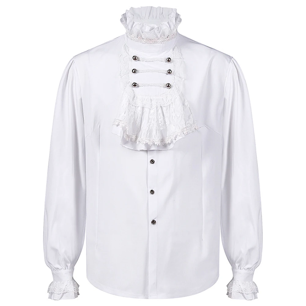 Vintage Men\'s Gothic White Shirts And Blouses Tops Retro Victorian Medieval Lace Ruffles Stand Collar Puff Sleeve Shirt Clothing