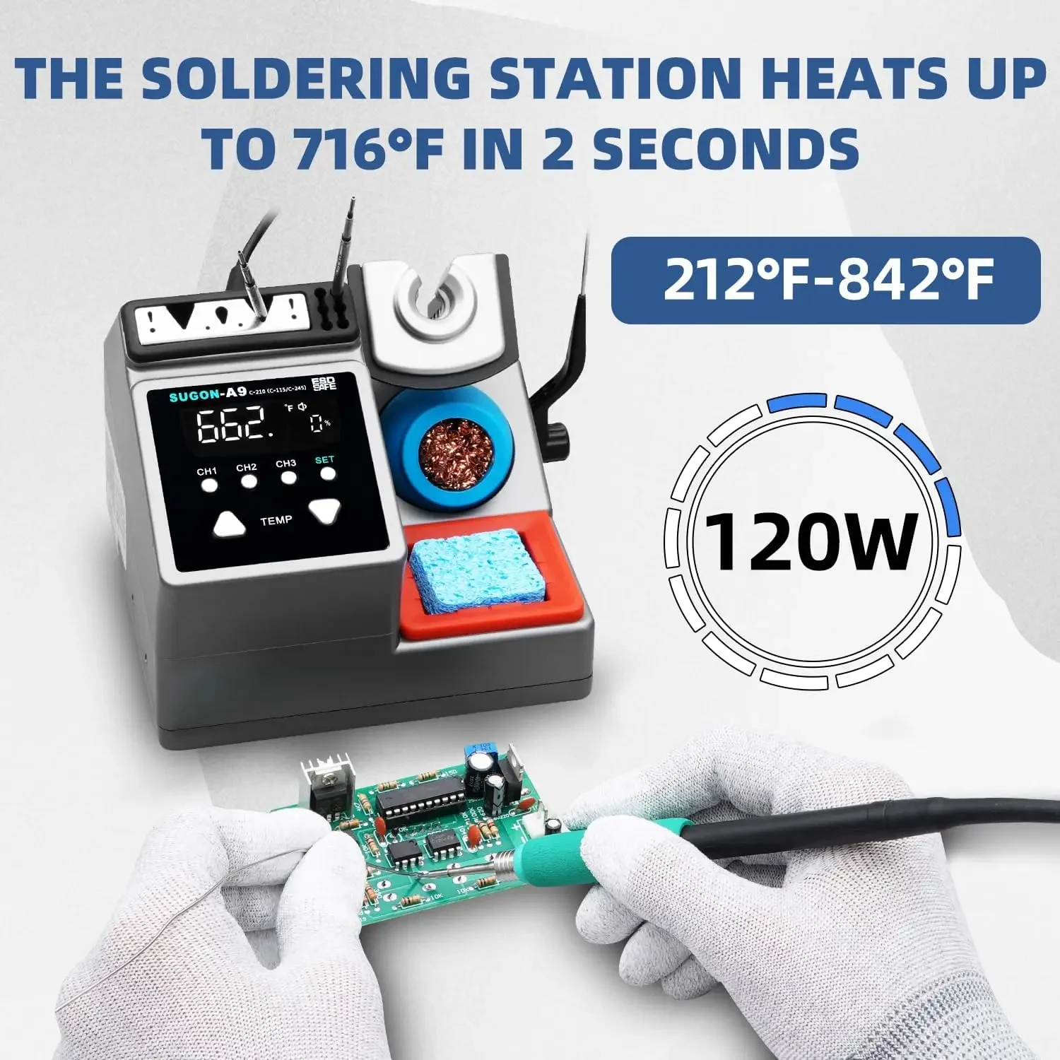 A9 210 Precision Soldering Stations 120W， LCD Display Digital Soldering Iron Kit,2 Seconds Fast Heating up 716℉, 3 Tempera