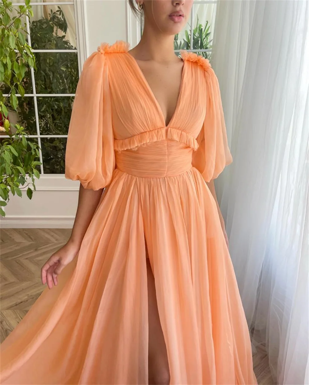 Bella Orange Tulle Prom Dresses V-neck A-line Wedding Dress Elegant Half Sleeves Floor-Length Side High Split Vestidos De Fiesta