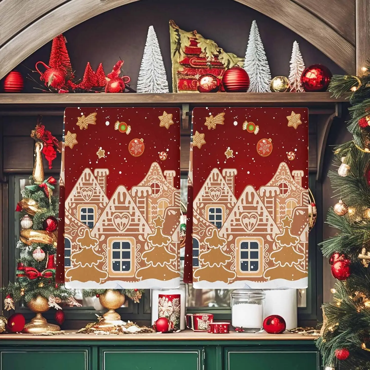 Christmas Gingerbread House Red Snow Kitchen Dish Tea Towels Cleaning Supplies Quick Drying Hand Towels Set Navidad Decorations