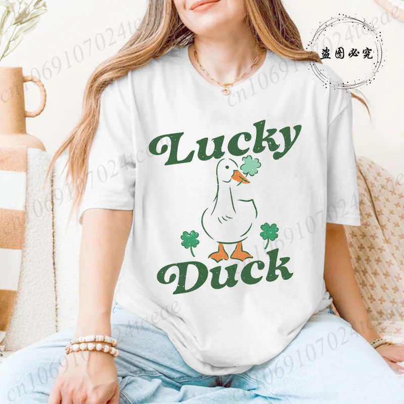Lucky Duck Printed Tshirt Shirt for Women St Patrick's Day Woman T-Shirts Short Sleeve Irish Fashion Female Tee Clothing