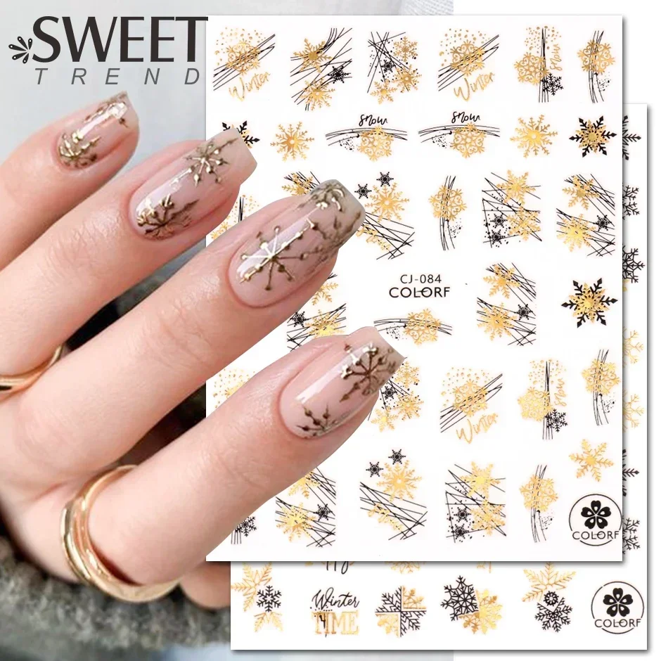 Holographic Christmas Winter 3D Snowflakes Stickers for Nails Art Design 2023 New Year Countdown Clock Gold Black Manicure Decal