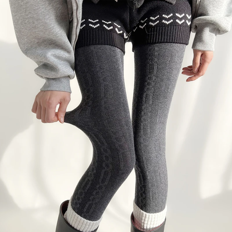 Retro Chain Pattern Tights Women Autumn Winter Basic Thickened Wool Tights High Streetwear Stocking Pantyhose