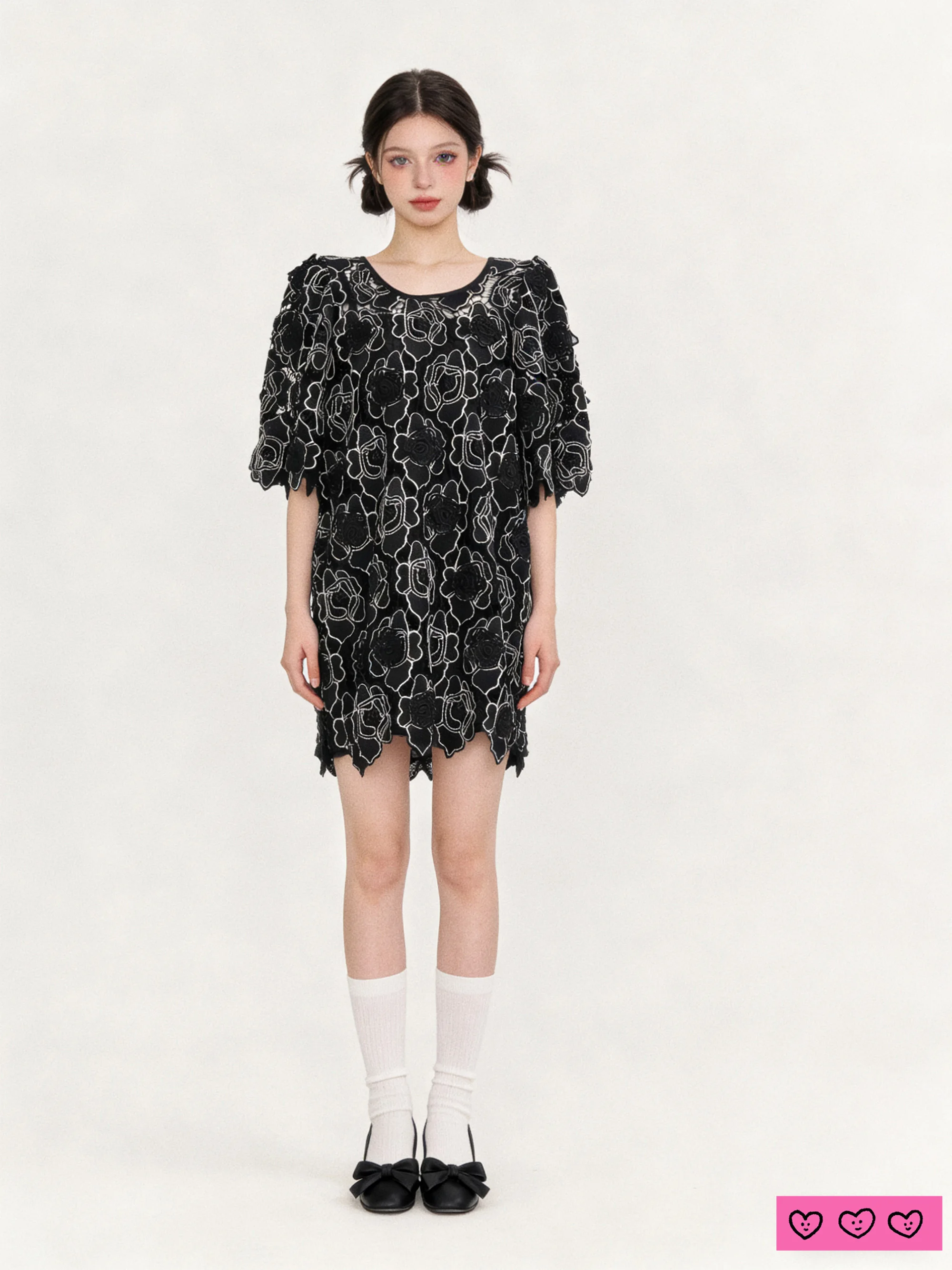 

LASS LIZ Original Store Summer 2026 New Black Hollow out Flower Loose Slimming Dress Elegant Style Bubble Sleeve A-L...