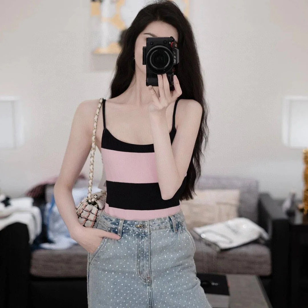 2024 New Fashion Summer Straps Sleeveless Backless Bodysuits Women Pink & Black Wide Stripes Contrast Sexy Slim Fit Playsuits