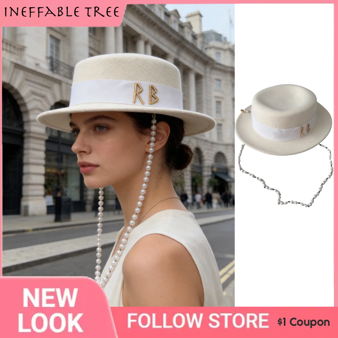 

Luxury Brand Retro Embroidery Letter Golden Pearl Hats for Female Autumn and Winter Flat Top Fedora Cap Wild Wool Top Hat