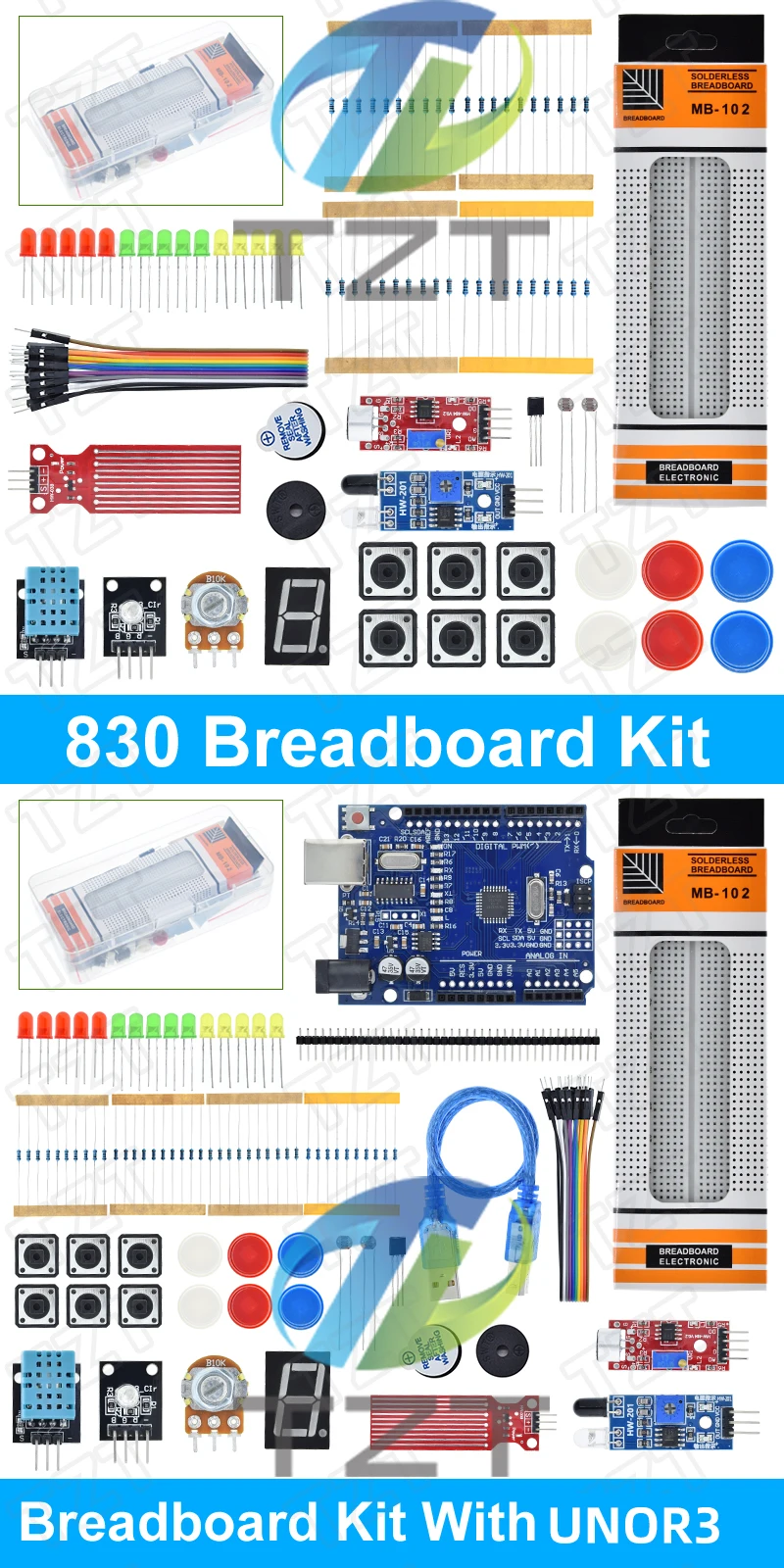 TZTUNO R3 Starter Kit für Arduino UnoR3 Breadboard Basis-Lernkit, LED-Steuerung zur Erkennung von Ton-/Wasserstands-/Feuchtigkeits-/Entfernungen – Detail 5