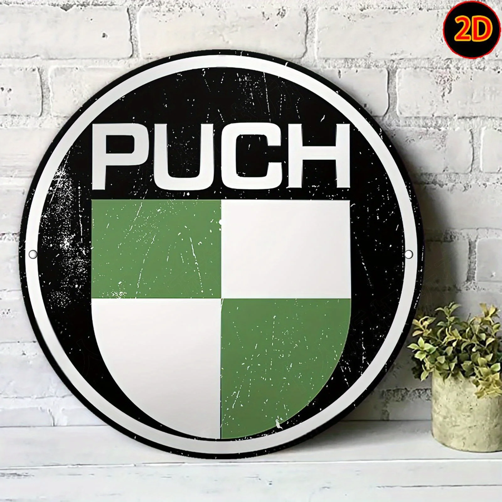 2D Flat – [2D Flat] Vintage PUCH Marken-Metallschild – 19,99 cm runde Aluminium-Wandkunst mit grün-weiß kariertem Design, rustikal