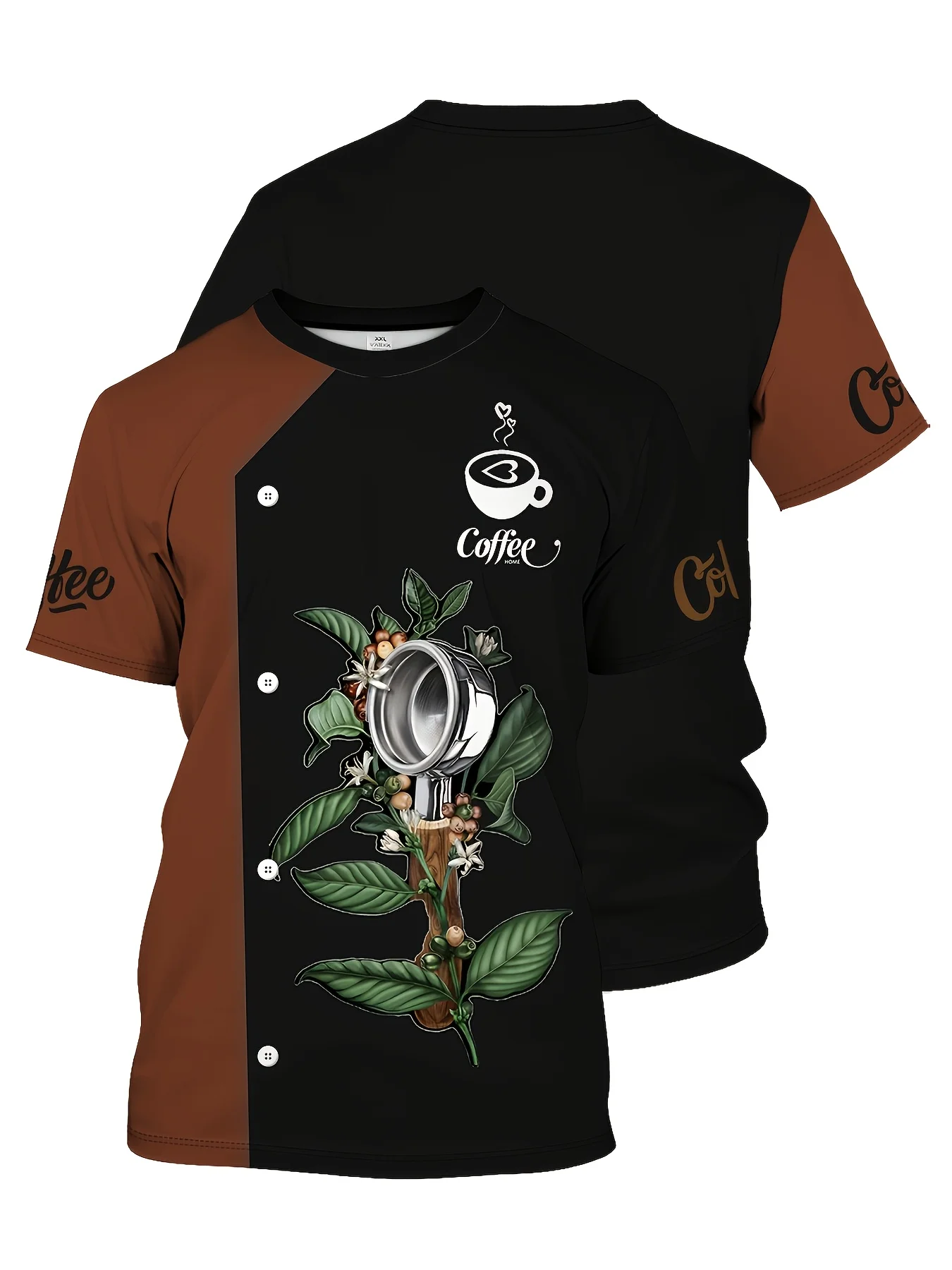 2026 3D Print Coffee Bean Portafilter Chef T‑Shirt Brown‑Black Splicing Short‑sleeve Cafe Barista Staff Uniform Work Tee Tops