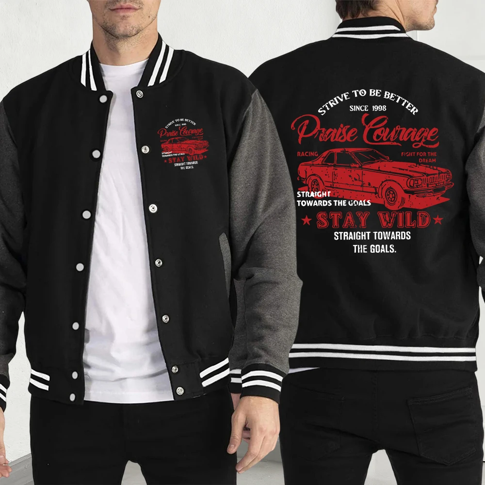 

Stay Wild Race Car Print Men Streetwear Hip Hop Fleece Jackets Pocket Loose Y2K Menswear Casual Oversize Baseball Jersey Coat