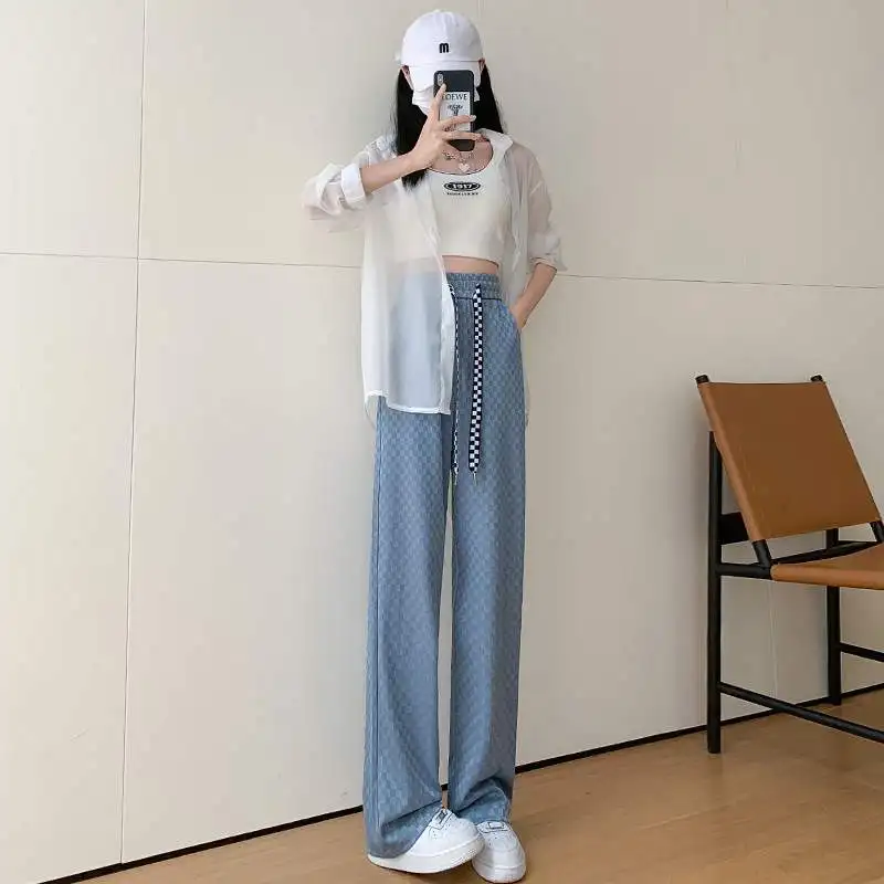 Ice Silk Quick Dry Wide Leg Pants Women Summer Thin High Waist Drape Casual Loose Floor Length Sun Protection Straight Long P...