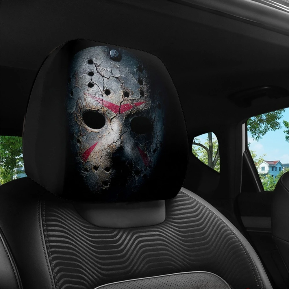 Scary Hockey Mask Stripe Print Headrest Cover, Easy To Install & Remove, Essential Car Interior Decor Headrest Cover