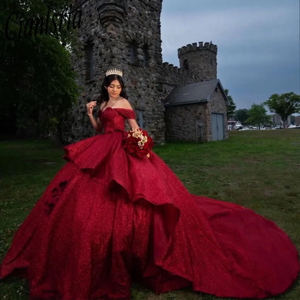 Elegante weinrote quince anera kleider schulter frei süß 16 kleid vestido de 15 anos ballkleider süß 15 16