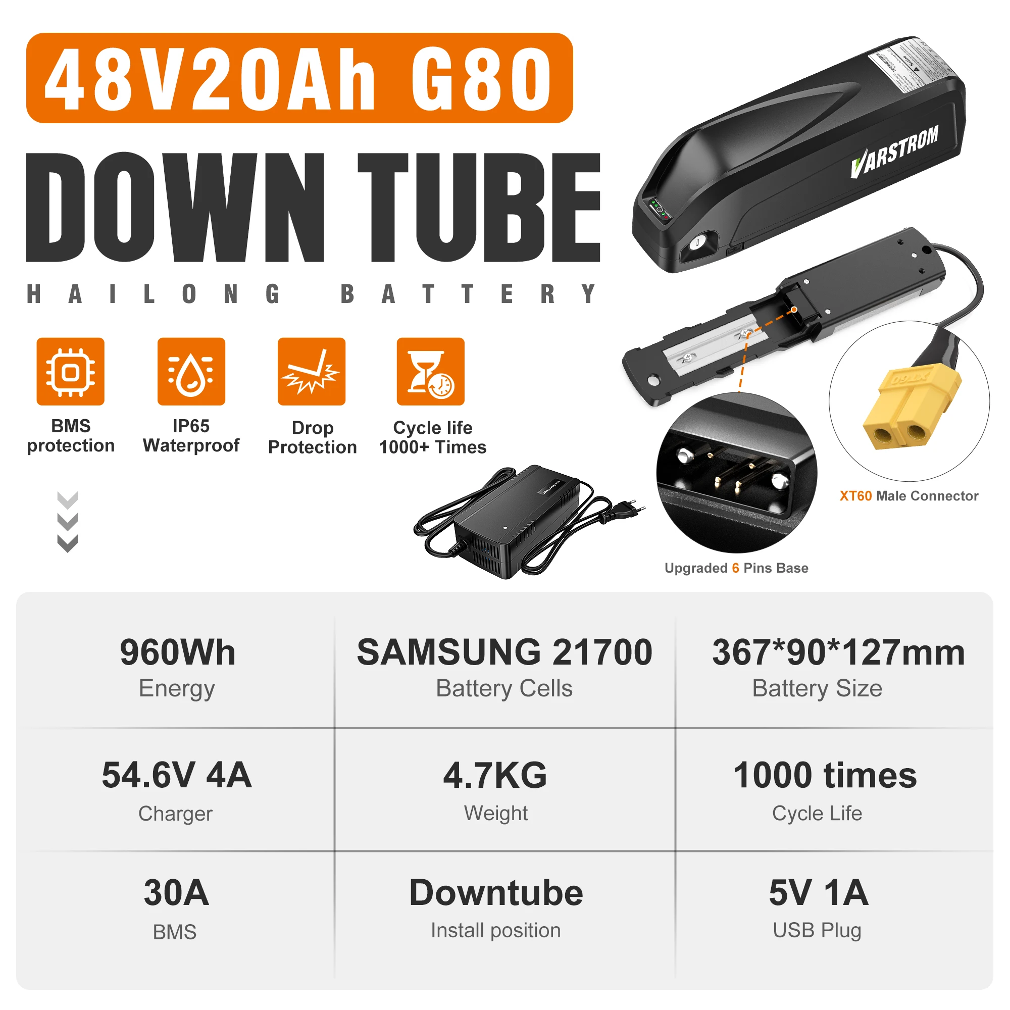 Varstrom 48V 20AH 52V 36V 30AH Ebike Batterij Hailong Max 40A 50A BMS 500W 750W 1500W Elektrische Scooter 21700 Lithium Cel