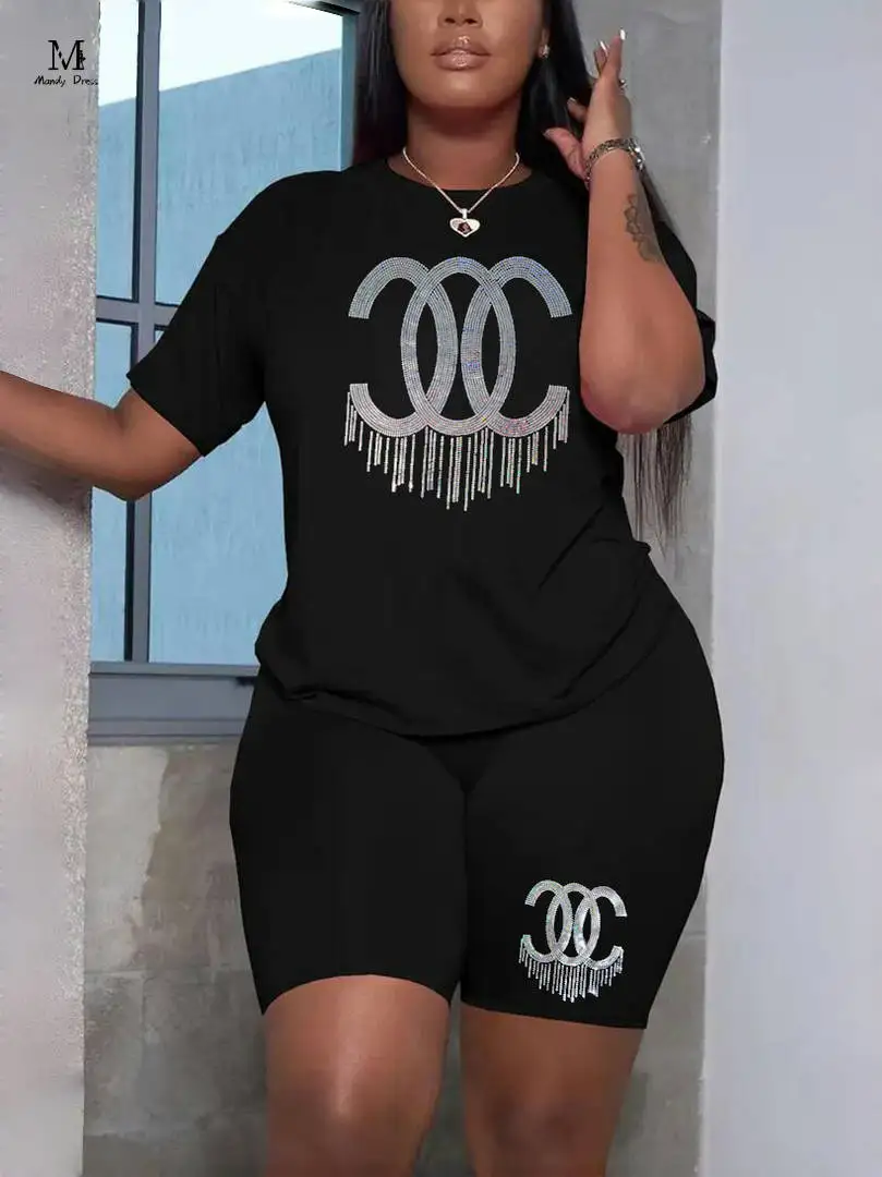 Plus Size Women 2 Piece Set Sequins T-shirt and Shorts Elastic Loose Spring Summer Fashion Oversize Two Piece Outfits 2024