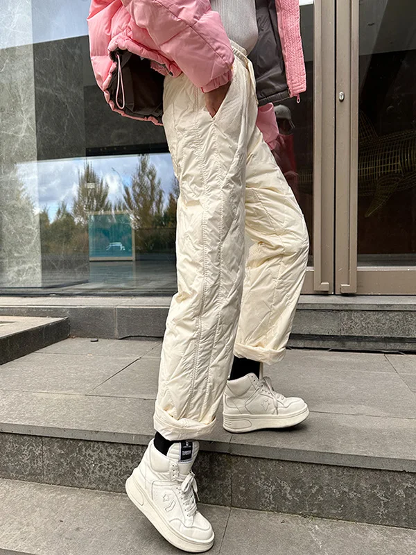 Pantaloni in piumino di cotone alla moda Pantaloni da donna caldi larghi dritti casual versatili a nove punti Inverno 2025 con motivo a diamanti