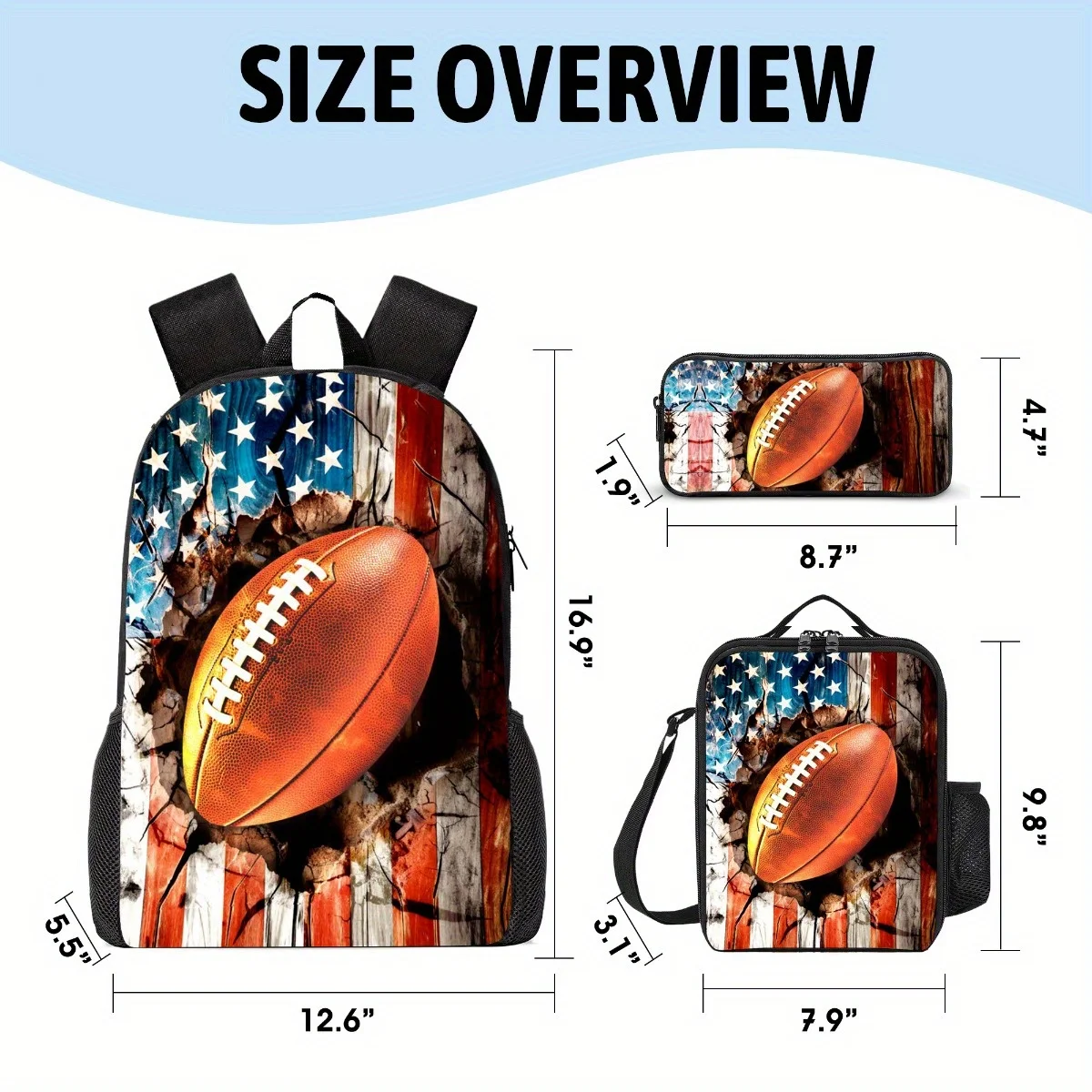 3pcs Backpack Set Football Backpack with Pencil Case Lunch Box 17Inch Lightweight Sports Bookbag for Office Travel Picnic