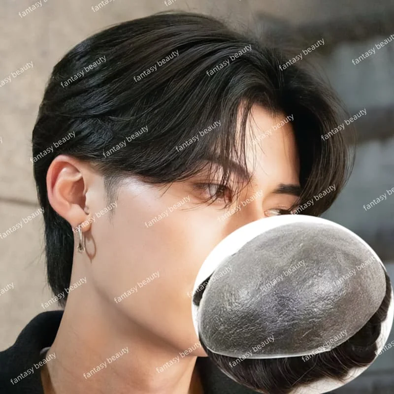 

0.02mmThin Skin Toupee full pu base male wig 90% Density V Loop 100% European Hair Wigs for Man Hair Prosthesis System Clearance