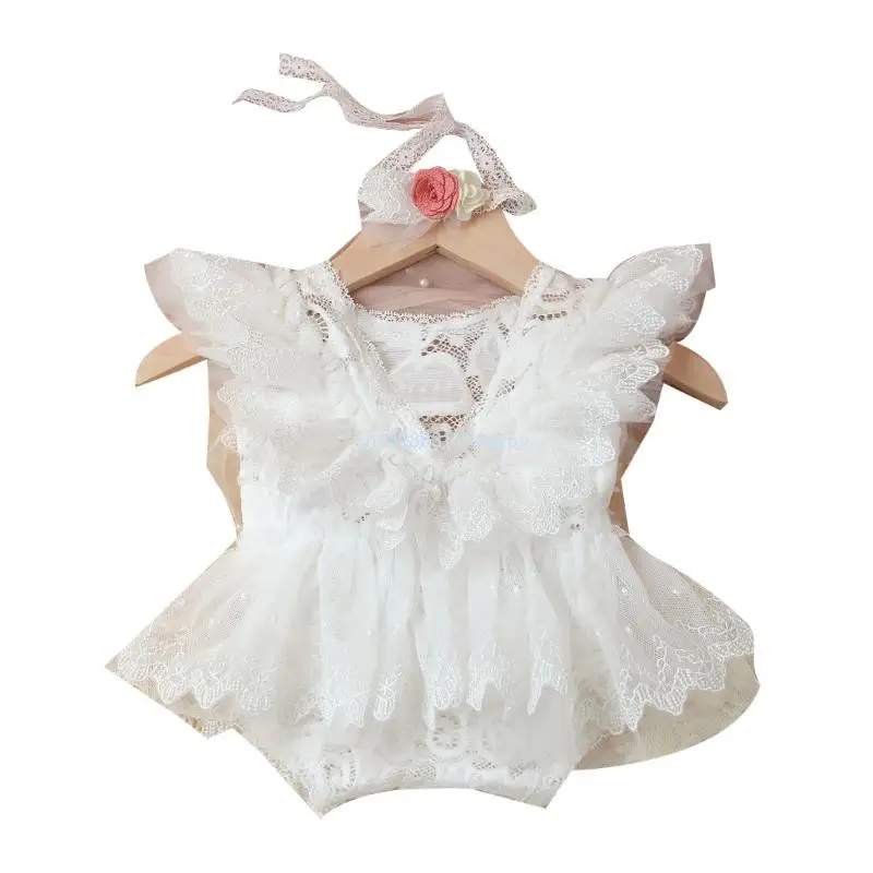 

Infant Photography Props Lace Romper Flower Headdress Baby Photo Suit Photoshooting Props Clothes Newborns Shower Gift Dropship