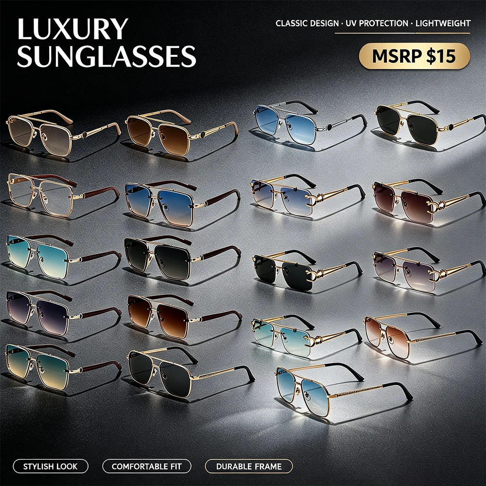 New Pilot Sunglasses for Men and Women Flat Double Bridge Square UV400 Metal Frame Gradient Lens Fashion Sunglasses