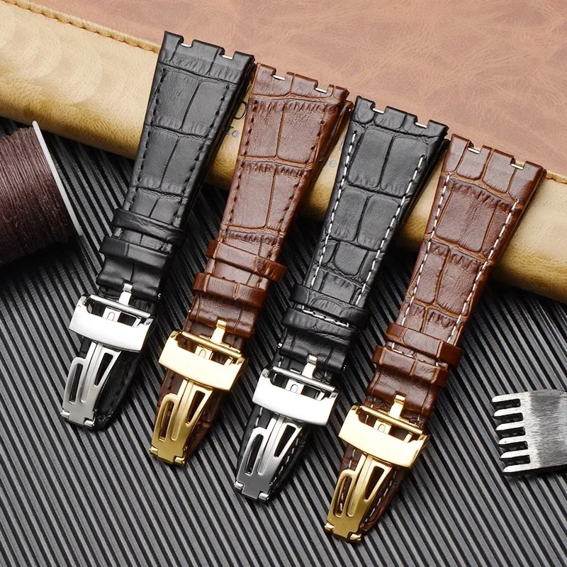 حزام ساعة من الجلد الأصلي لـ AP Audemars ، سلسلة Royal Oak البحرية للذكور ، الأسود والبني ، الطبقة العلوية ، ، ، ، 26